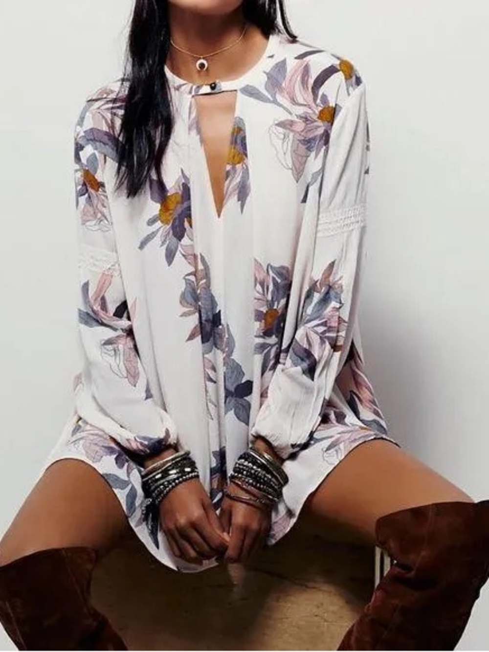 FREE PEOPLE Tree Swing Electric Orchid Choker Mini Tunic Dress Festival Boho